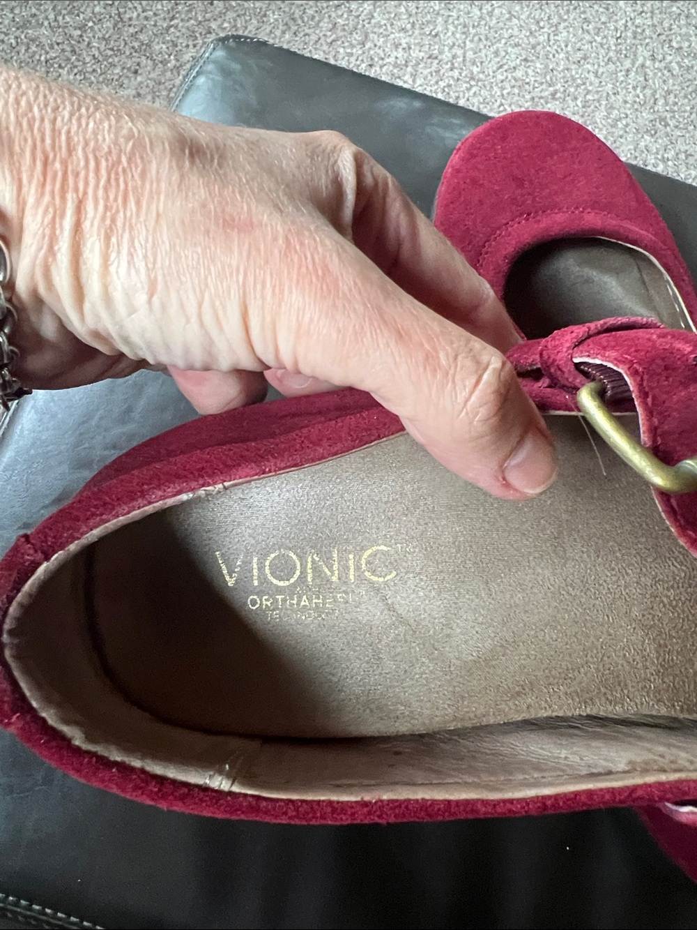 Vionic Burgundy Suede Mary Jane Shoes with Studded Strap - Picture 5 of 8